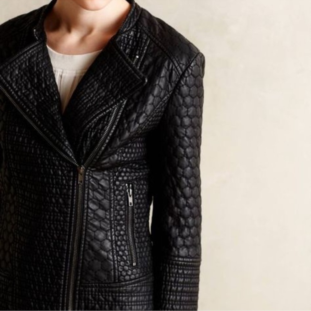 Anthropologie Black Leather Quilted Moto Jacket
